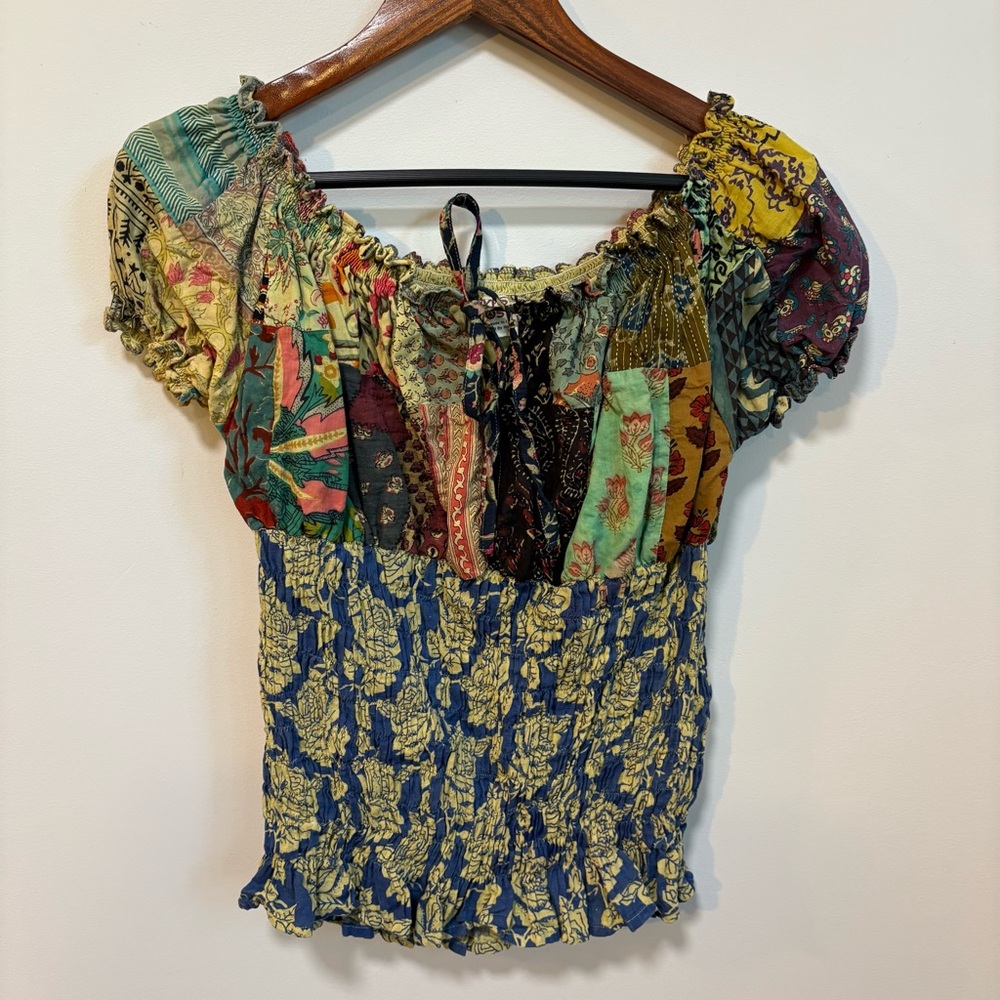 Women’s Gypsy Rose Handmade Boho Patchwork Smocked Puff Sleeve Top size Large